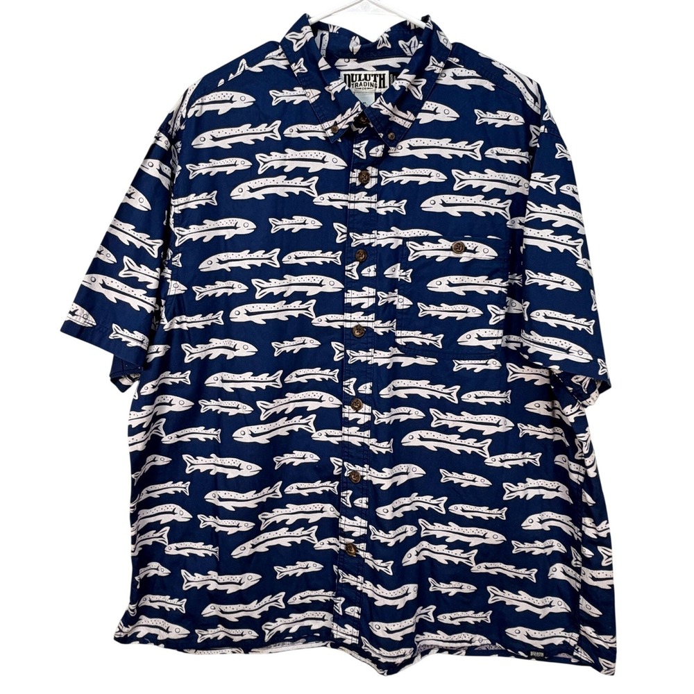 Mens Duluth Trading Fish Button Down Cotton Shirt Blue White Coastal Vacation XL
